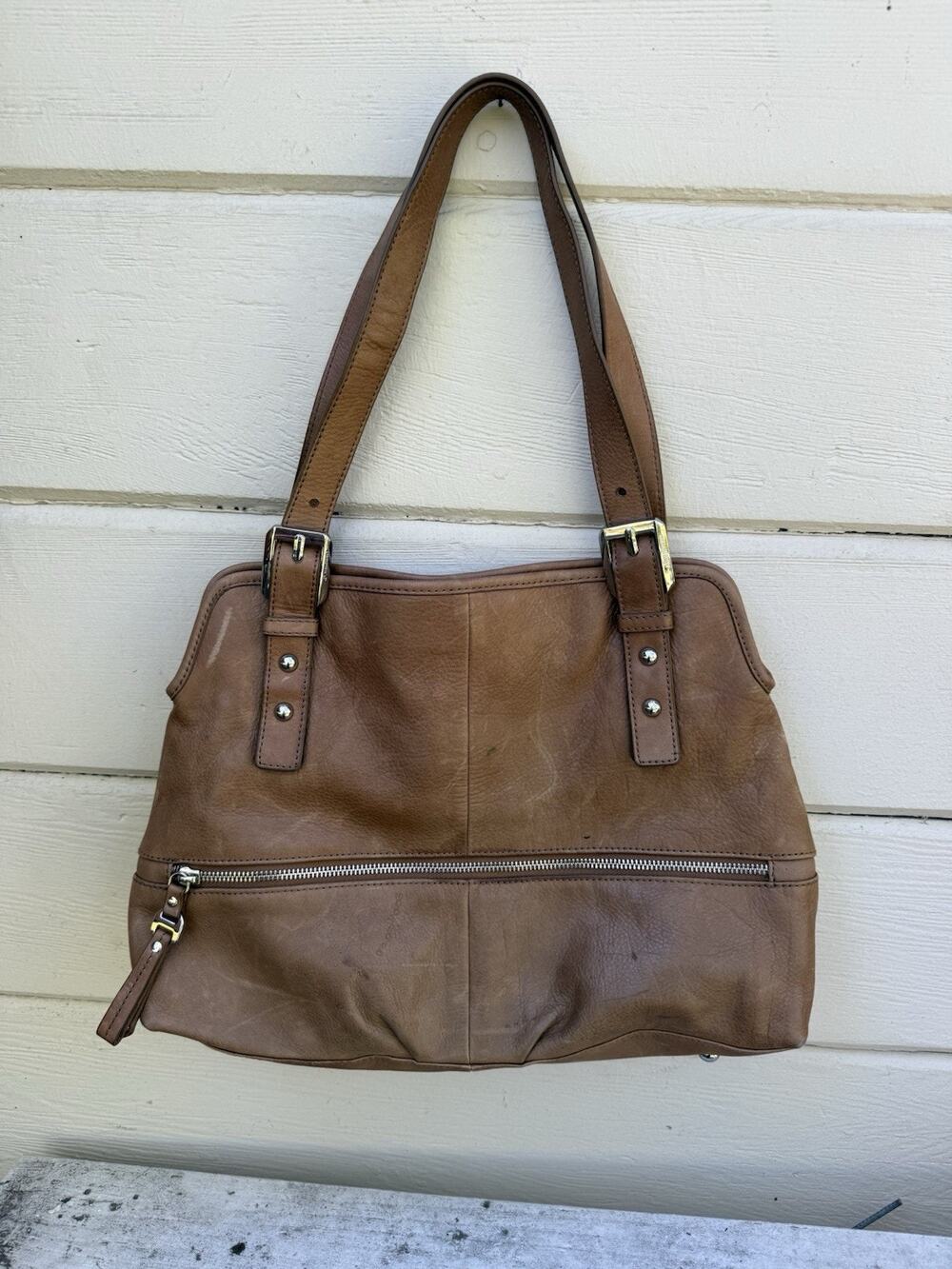 B. Makowsky Tan Leather Shoulder Bag Tote Buckle Accents Pocket